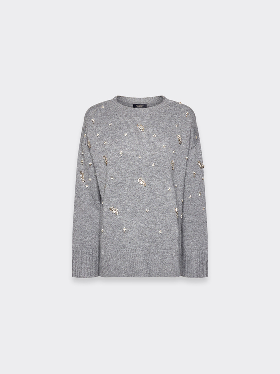 Maglia girocollo in pura lana con ricamo
