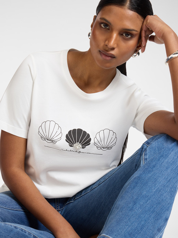 Bedrucktes Baumwoll-T-Shirt mit Perlen