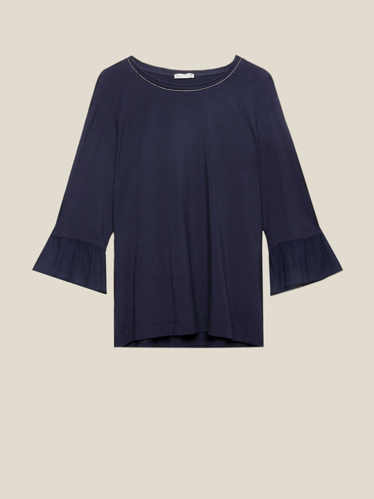Elenamiro: T-shirt com bordas de missangas Azul_1