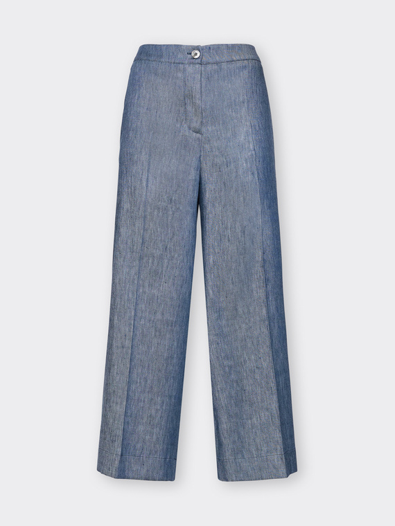 Cropped linen trousers with denim effect