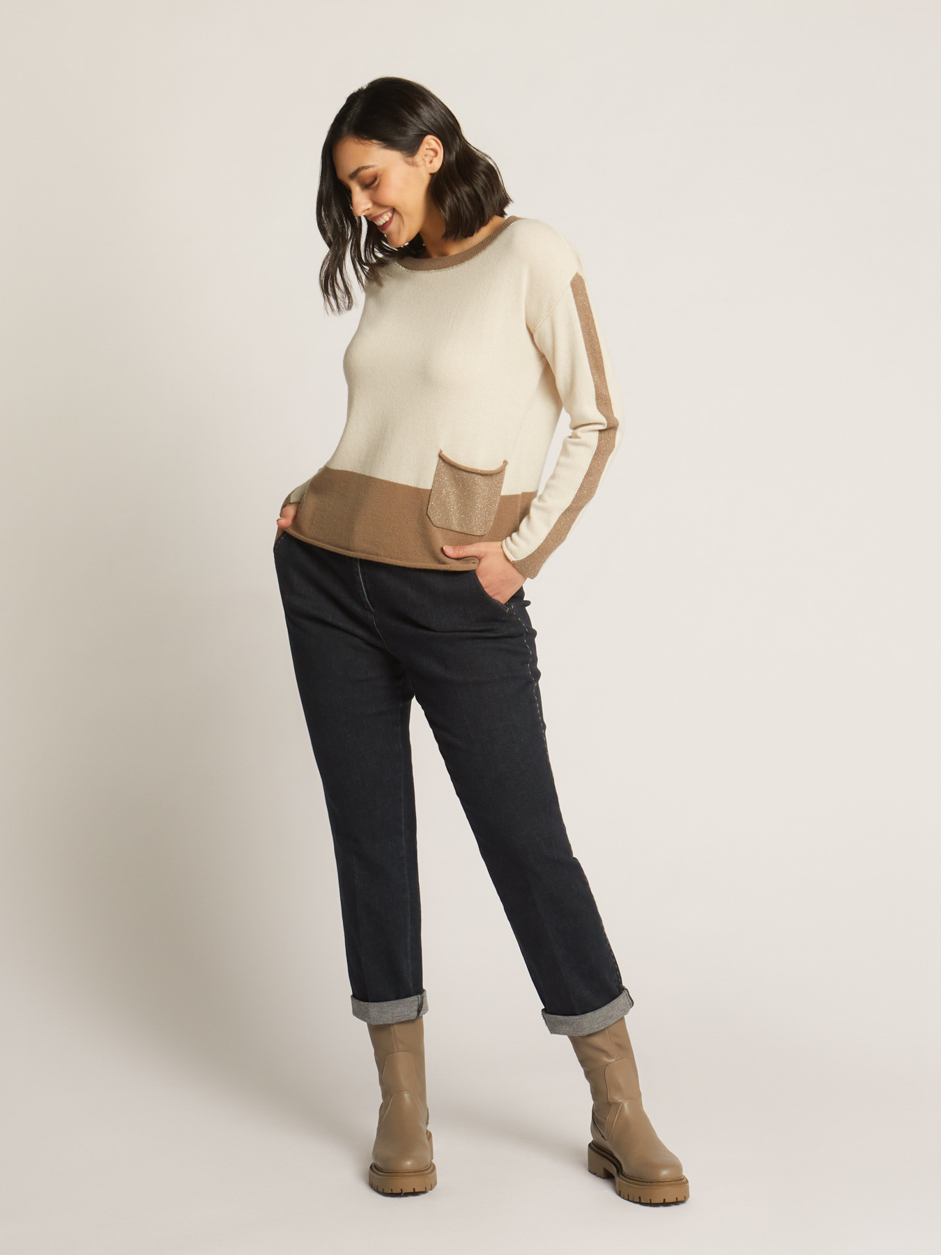 CARDED WOOL WITH LUREX COLOUR BLOCK SWEATER image number 0