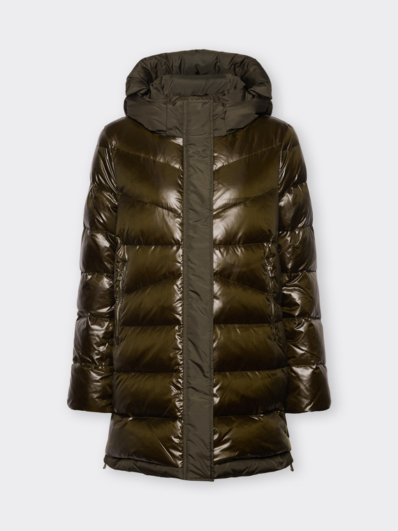 Langer Daunenmantel aus gl&auml;nzendem und mattem Nylon