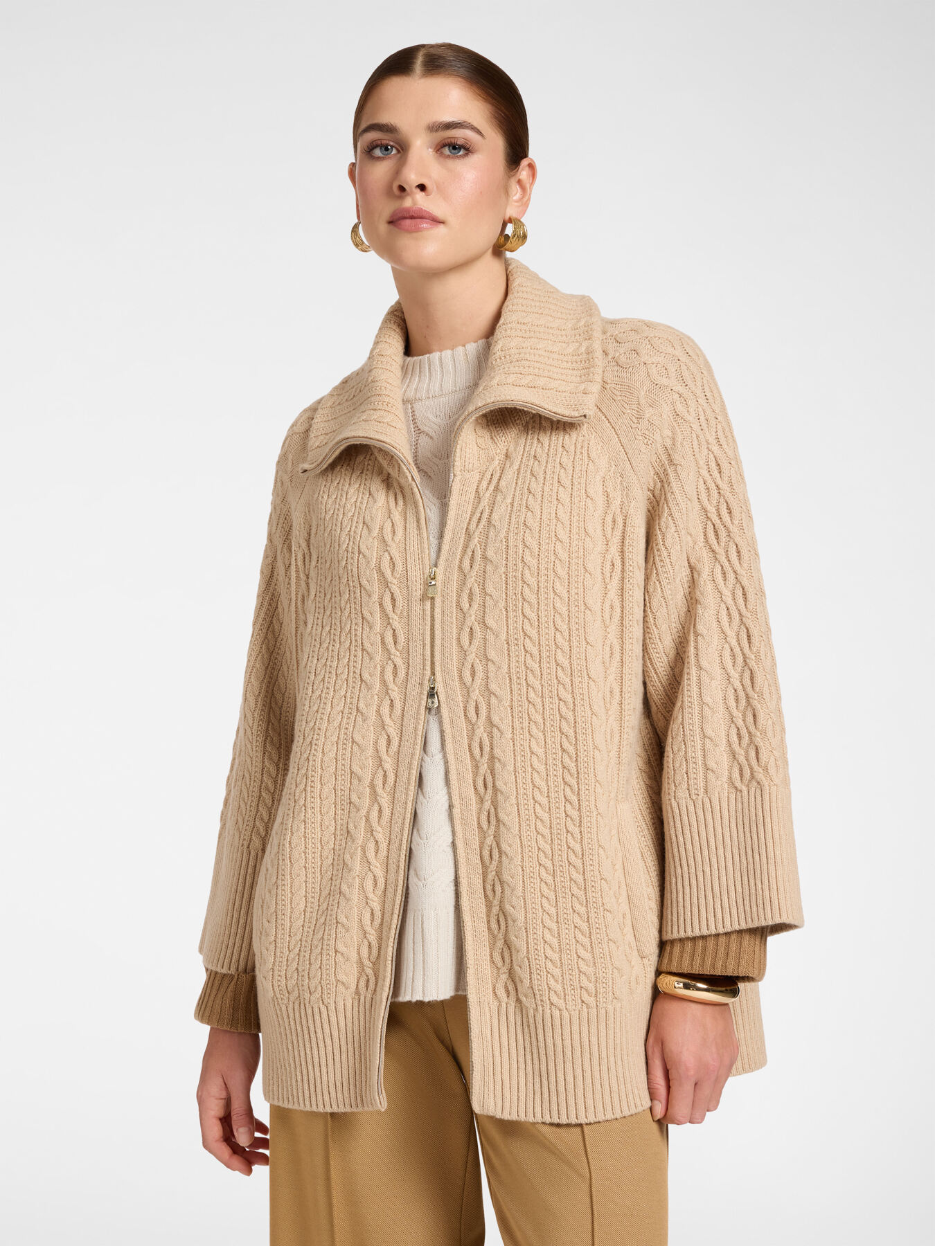 High neck cable knit wool cardigan image number 0