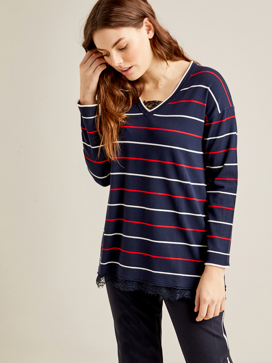 Elenamiro: Gestreifter Pullover mit Spitzenbord&uuml;ren Blau_1