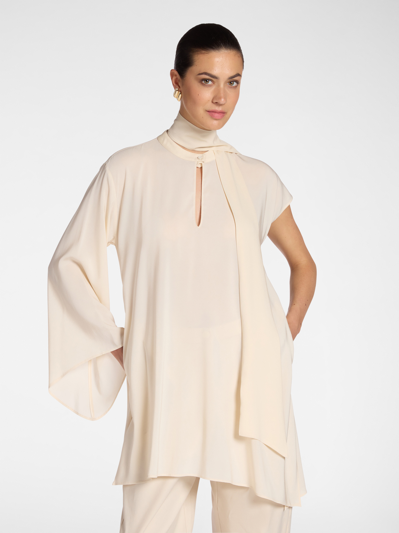 Long asymmetric blouse with sash image number 0