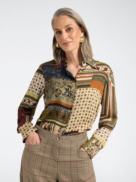 Patchwork printed satin shirt
