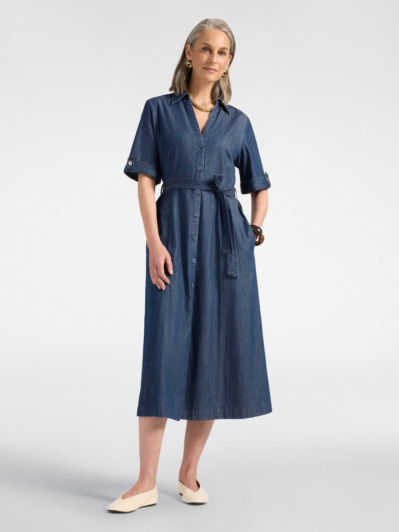 Long shirt dress with belt image number 2