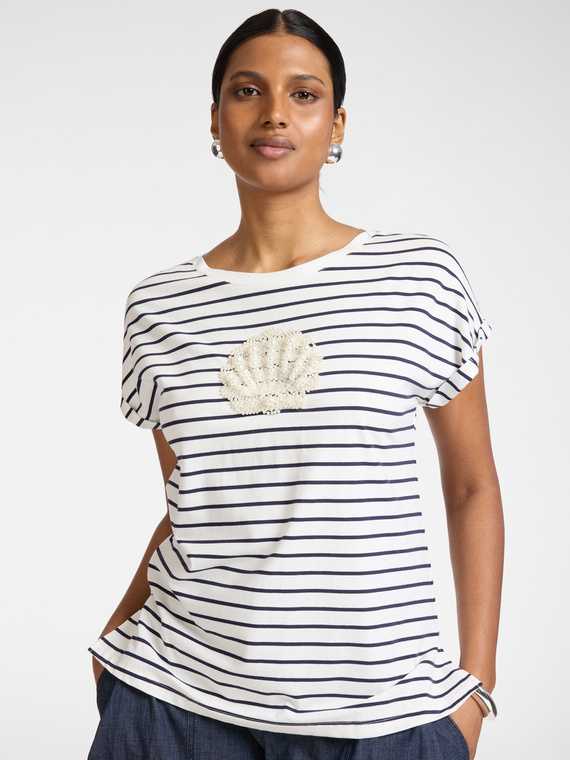 Gestreiftes Baumwoll-T-Shirt mit Stickerei