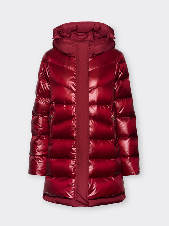 Langer Daunenmantel aus gl&auml;nzendem und mattem Nylon
