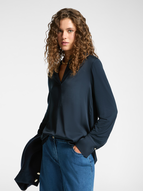 Elena Mirò - T-shirt polo in due tessuti Donna, Blu Taglia: XS (42 IT)