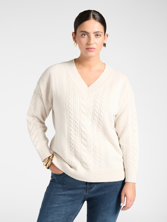 Zopfstrickpullover aus Wolle mit V-Ausschnitt