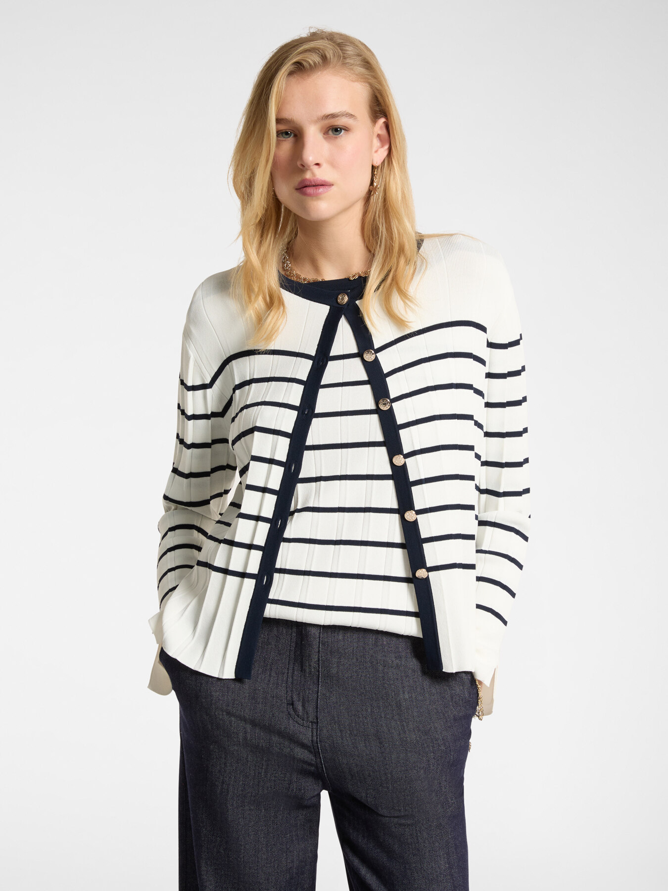 Striped crew-neck cardigan image number 0