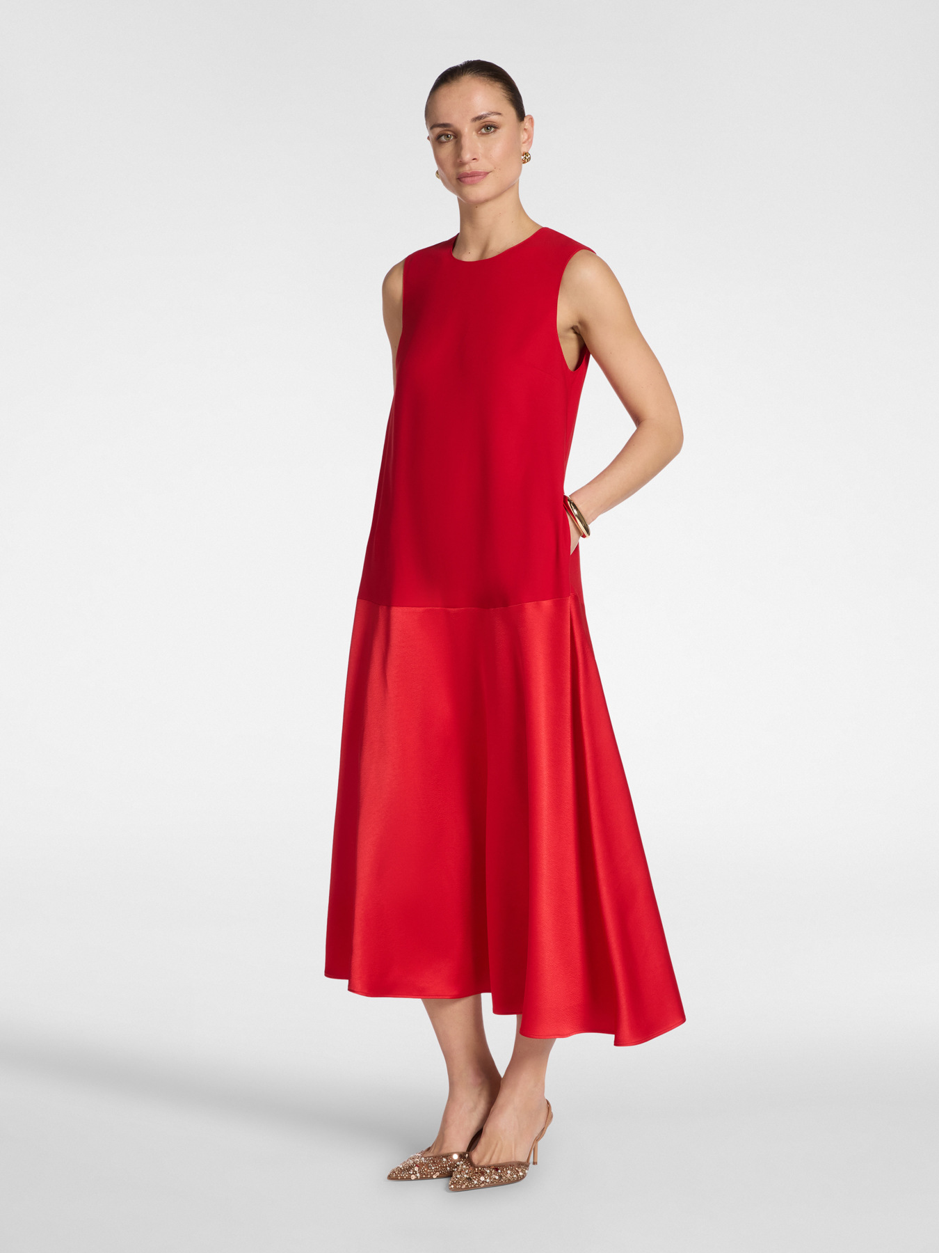 Langes Flare-Kleid aus Cady und Envers Satin image number 0