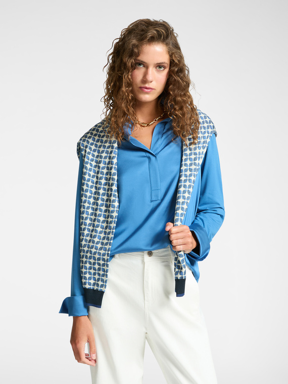 Elena Mirò - T-shirt polo in due tessuti Donna, Azzurro Taglia: S (44 IT)