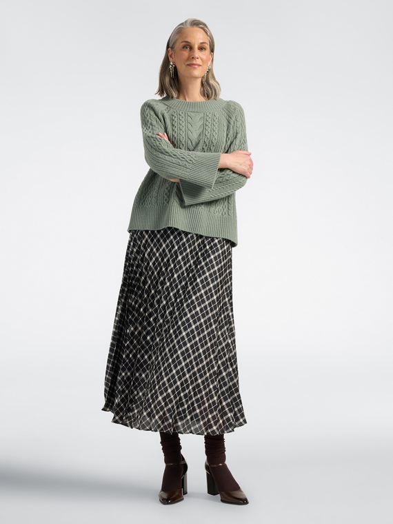 Long pleated patchwork print skirt