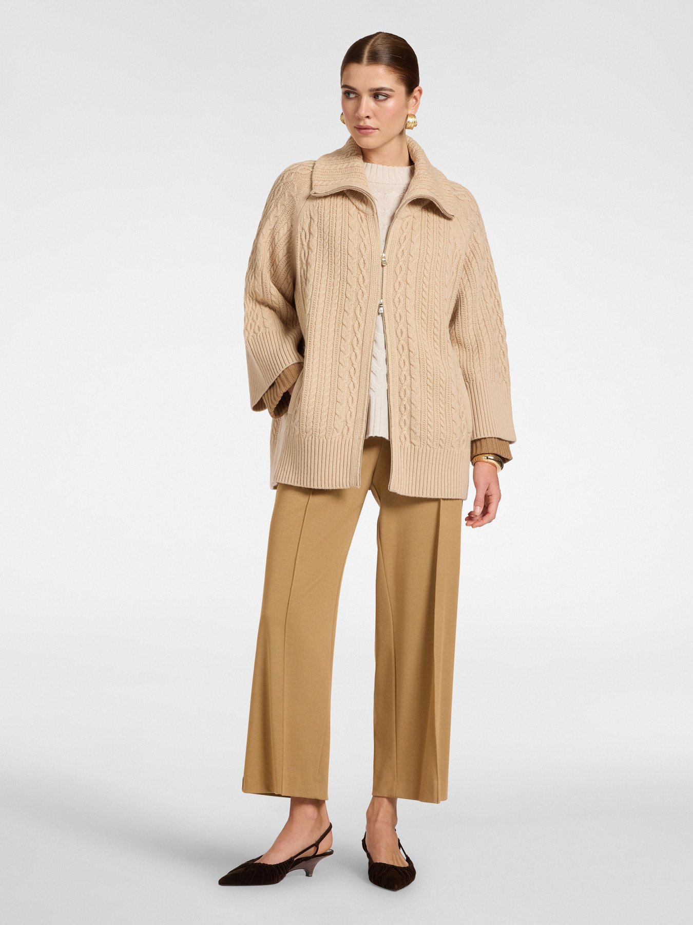 High neck cable knit wool cardigan image number 2