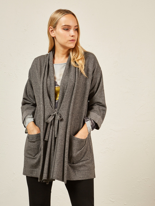 Elenamiro&nbsp;: Cardigan long en cachemire m&eacute;lang&eacute; Gris_1