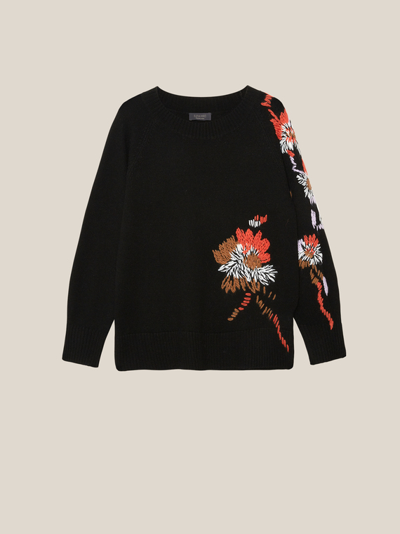 CASHMERE BLEND HAND EMBROIDERED CREW-NECK