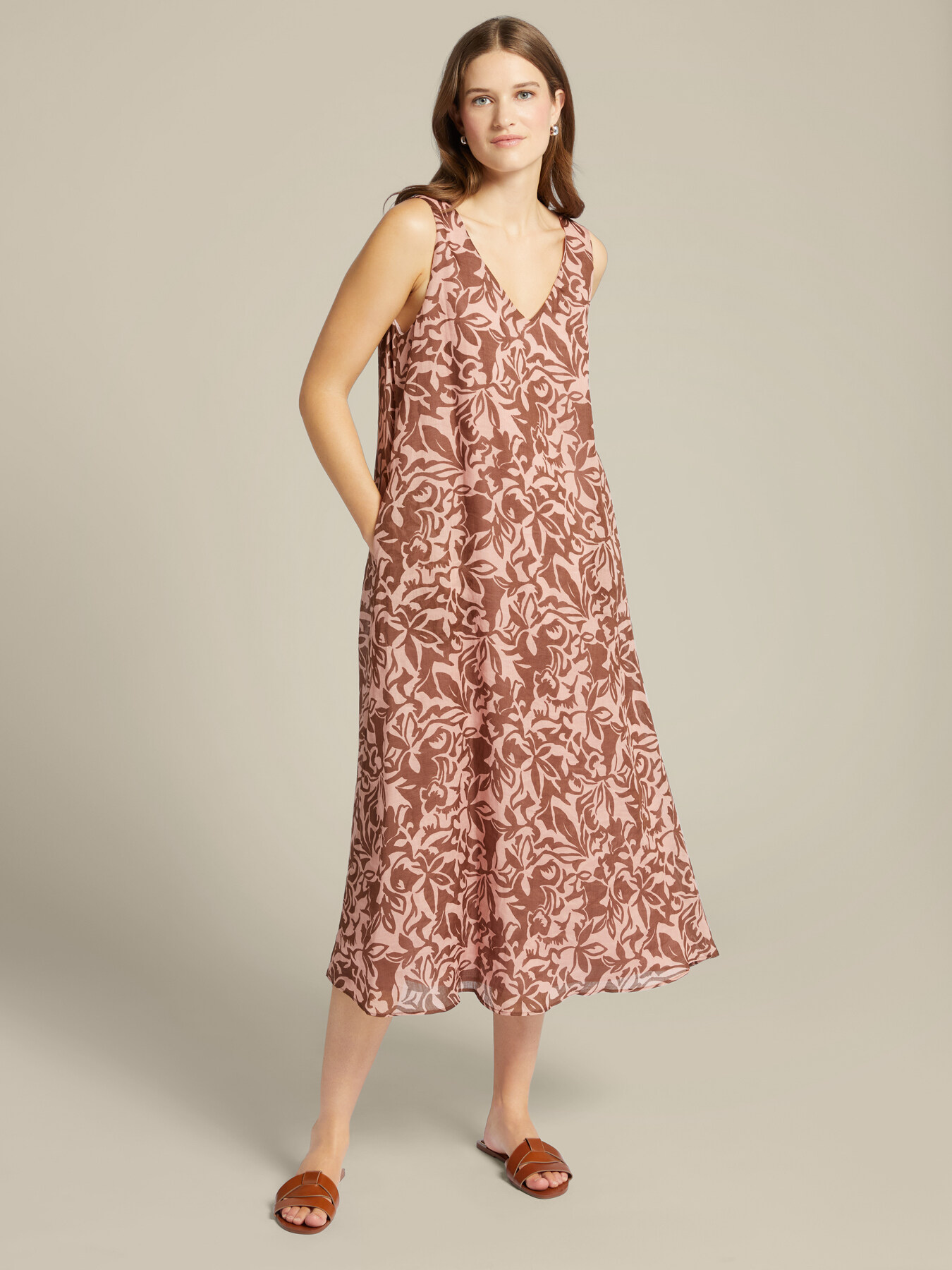 Printed ramie midi dress image number 0