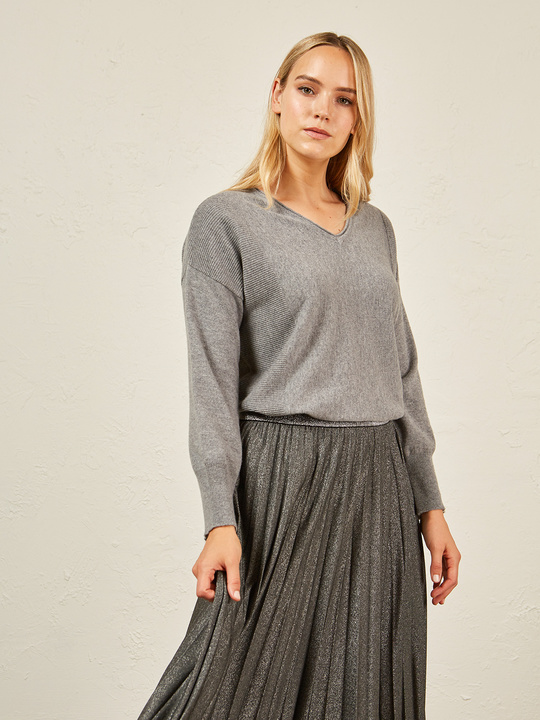 Elenamiro&nbsp;: Chandail long ouvrag&eacute; &agrave; c&ocirc;tes Gris_1