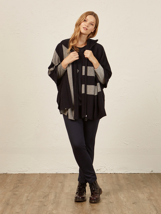 Elenamiro&nbsp;: Cape &agrave; rayures en tricot Bleu_1