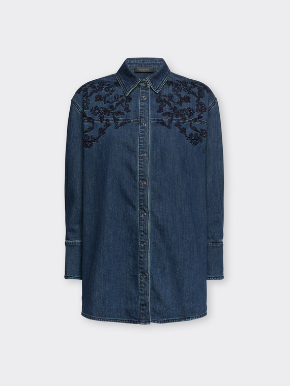 Langes Jeanshemd mit Stickerei