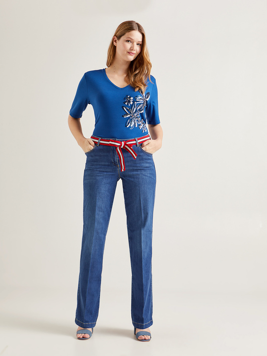 Elenamiro: Jeans flare com cinto &agrave;s riscas Azul_1