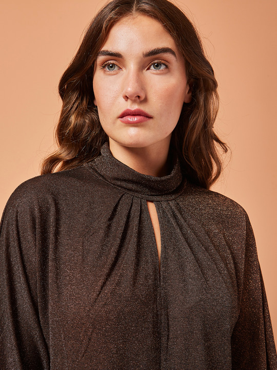 Elenamiro&nbsp;: T-shirt &agrave; col roul&eacute; en lurex Marron_1