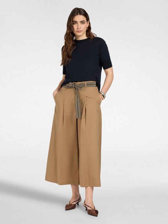 Elena Mirò - Pantaloni cropped popeline vita alta con cintura Donna, Beige Taglia: 42