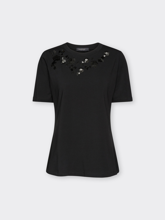 T-shirt com bordado floral e strass