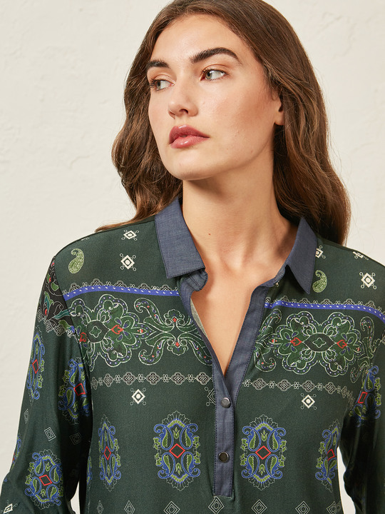 Elenamiro&nbsp;: T-shirt mod&egrave;le polo &agrave; motif cachemire Vert_1