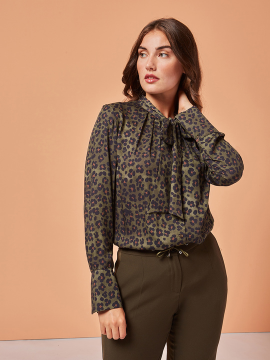 Elenamiro&nbsp;: Blouse avec foulard &agrave; motif animalier Vert_1