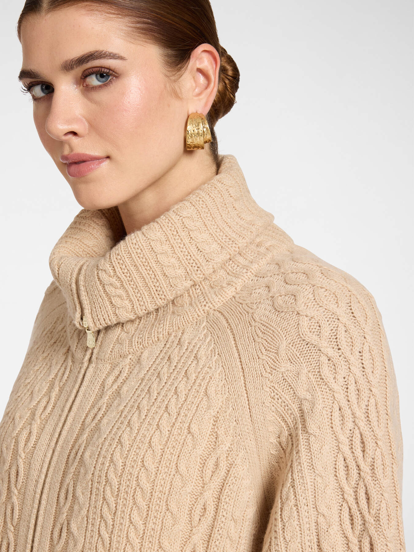 High neck cable knit wool cardigan image number 3