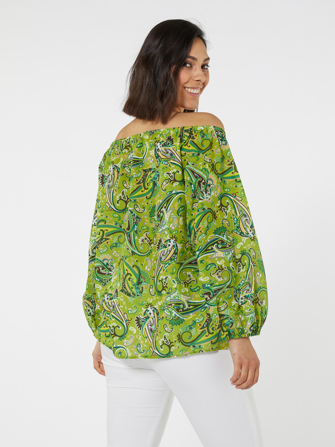 Bedruckte schulterfreie Bluse image number 2