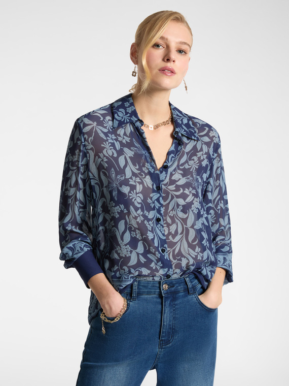 Elena Mirò - Camicia dalla stampa foliage Donna, Blu Taglia: 42