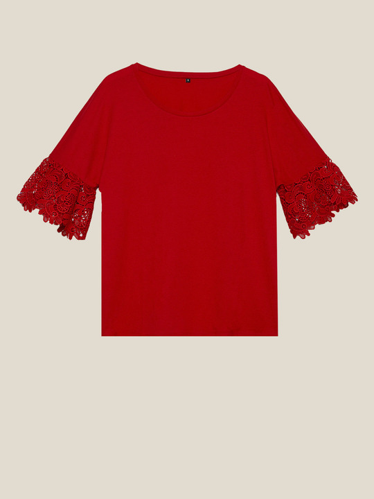 Elenamiro: T-shirt com mangas de renda Vermelho_1