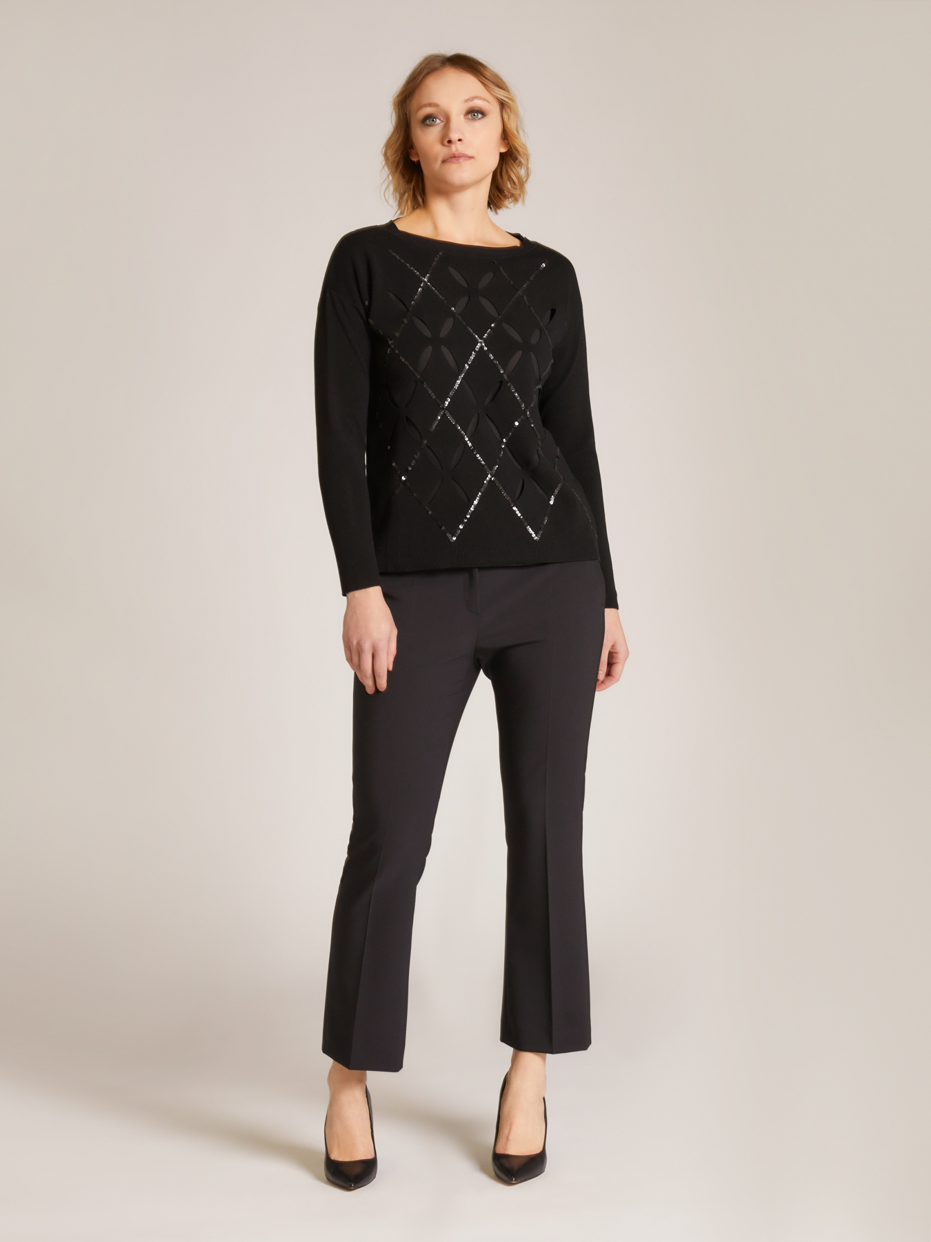 SOFT VISCOSE SWEATER WITH OPENWORK ARGYLE PATTERN AND SEQUINS image number 0