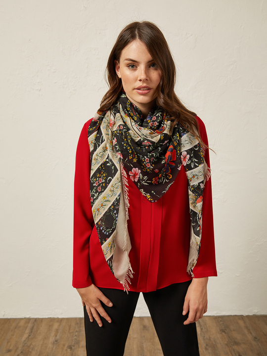 Elenamiro: Foulard em seta estampada Bege_1