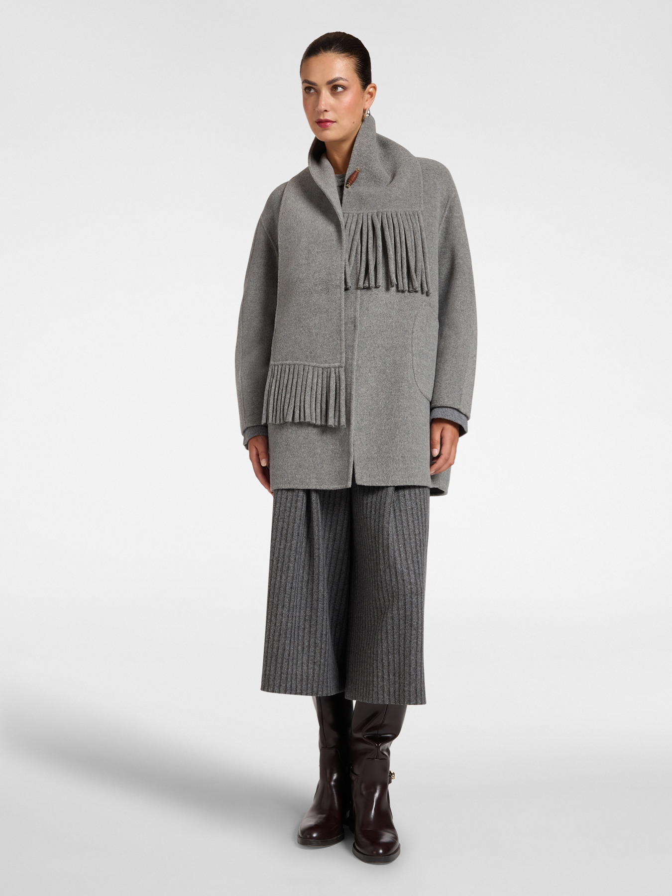 Manteau cocon en double m&eacute;lang&eacute; laine avec &eacute;charpe image number 3