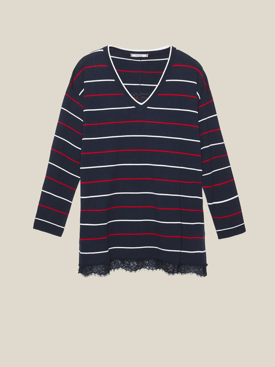 Elenamiro: Gestreifter Pullover mit Spitzenbord&uuml;ren Blau_1