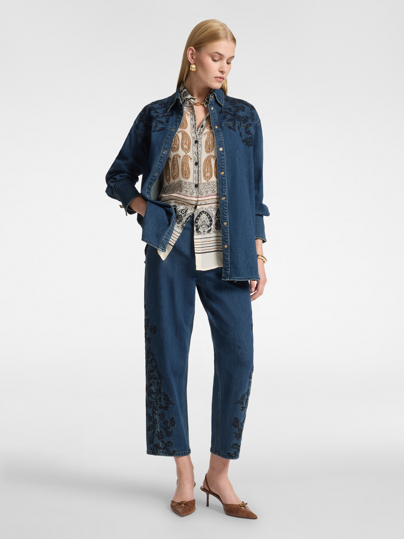 Long denim shirt with embroidery image number 2