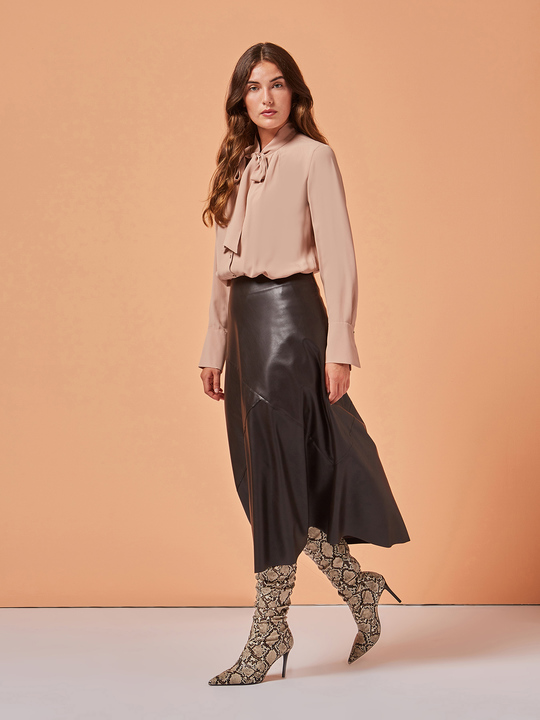 Elenamiro: Saia evas&eacute; em couro sint&eacute;tico Castanho_1