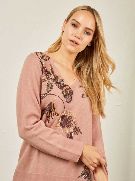 Elenamiro&nbsp;: Chandail en laine et cachemire avec broderies Rose_1