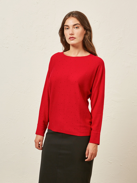 Elenamiro&nbsp;: Chandail avec cristaux appliqu&eacute;s Rouge_1