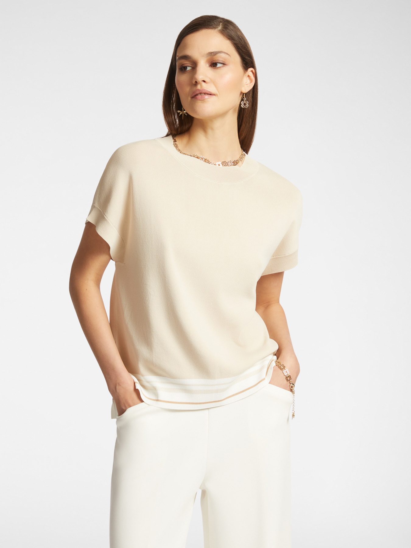 Short-sleeved sweater with striped trim image number 0