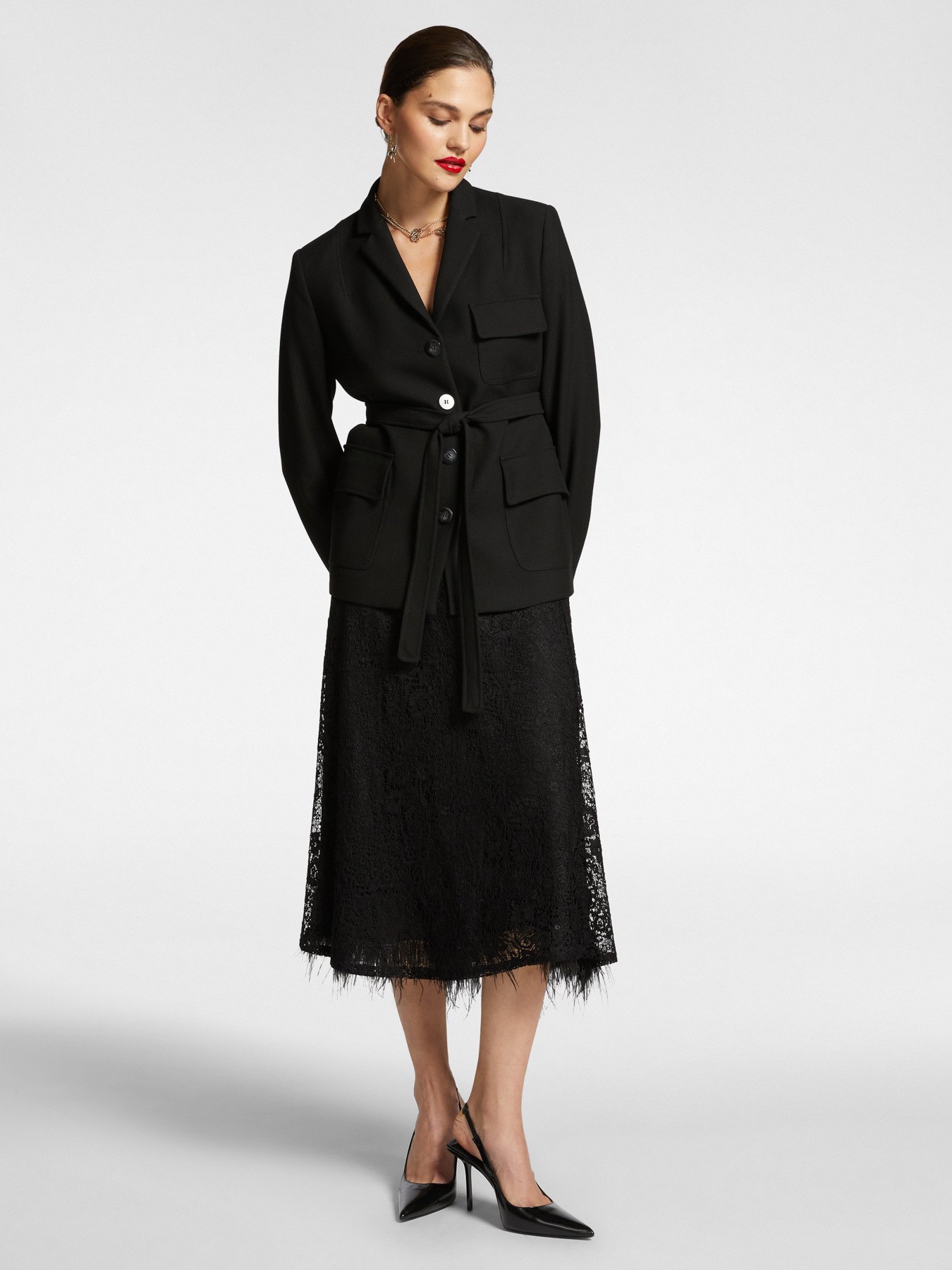 Saia midi de renda com borda com penas image number 0