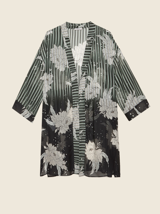 Elenamiro: T&uacute;nica longa aberta em organza estampada Preto_1