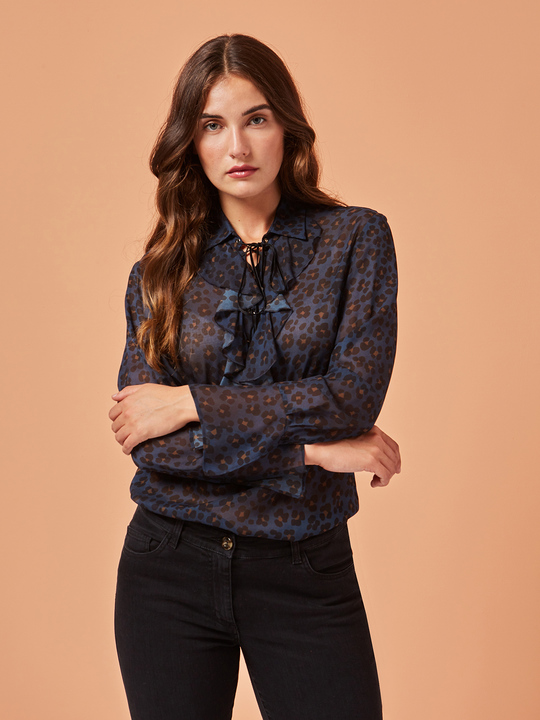 Elenamiro: Blusa manchada com babados e cruzamento Azul_1