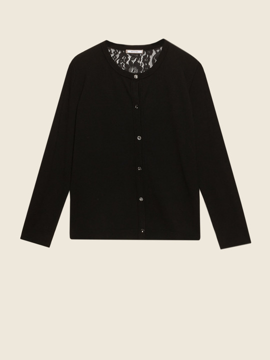 Elenamiro&nbsp;: Cardigan avec boutons bijoux et insert en dentelle Noir_1