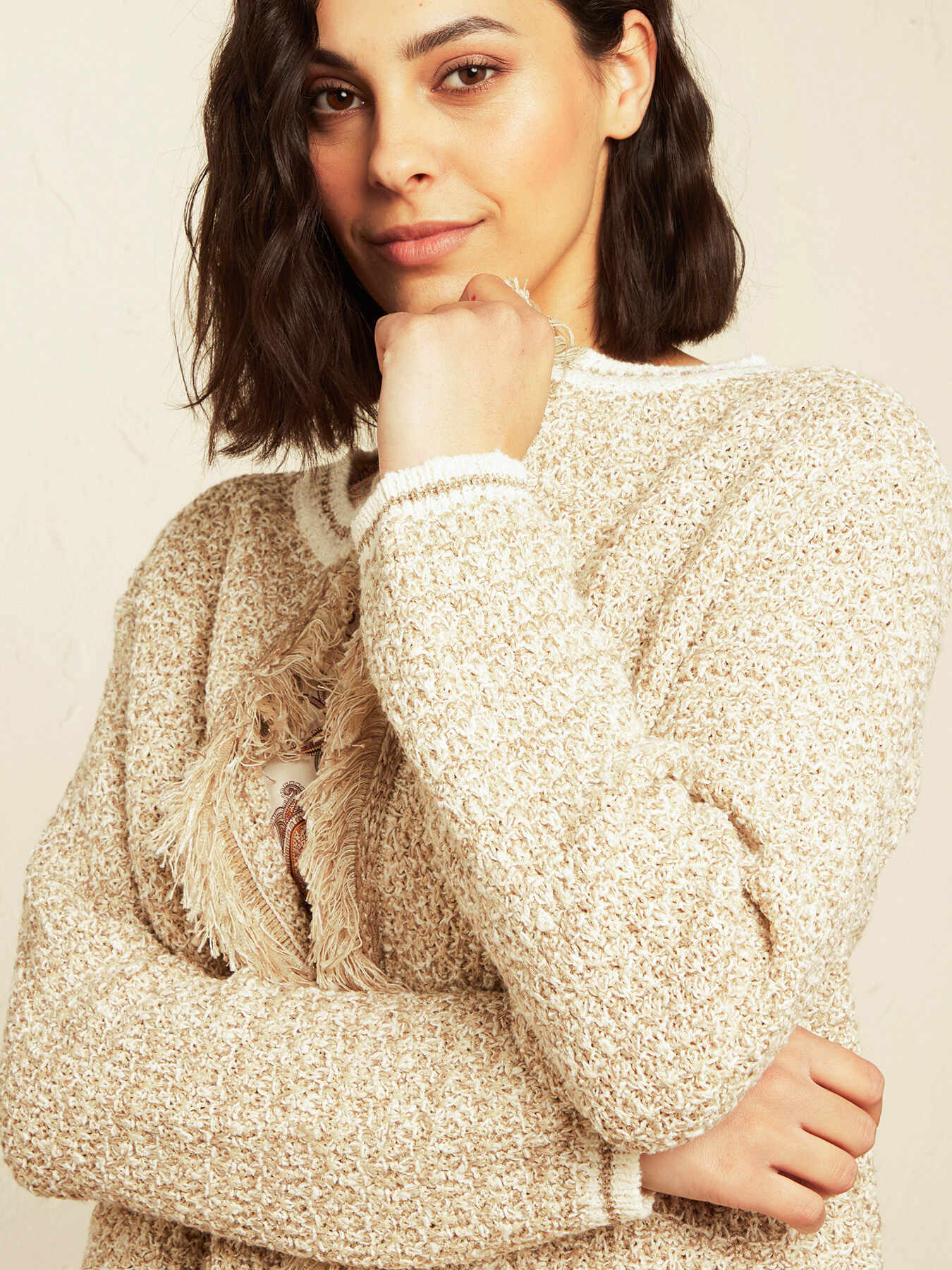 Pullover mit Fransen in Tweed-Optik image number 3